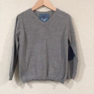 Zara Knitwear Boys Sz 4/5 Sweater Gray‎ V-Neck Elbow Patches Preppy 100% Cotton